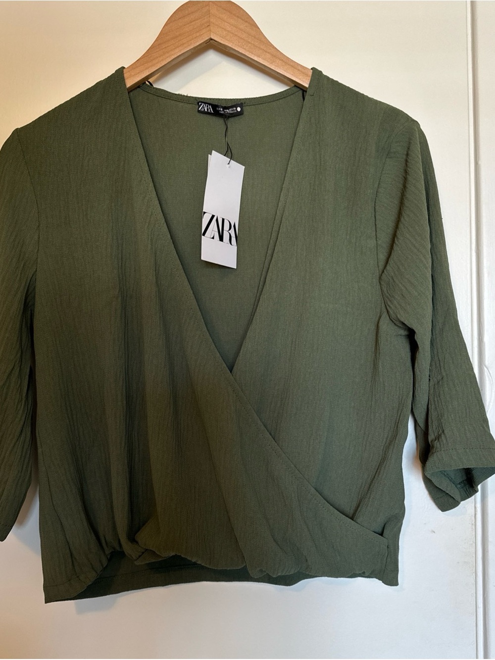 Zara Olive Wrap-Front Textured Blouse Size S